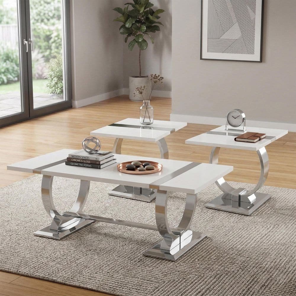 Kihla 3-Piece 48 in. Silver/White Rectangle Wood Top Stainless Steel Base Coffee Table Set with 2 End Tables price history on PriceWatchPro