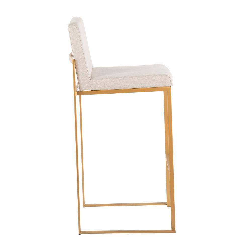 Fuji High Back Adjustable Gold Metal Barstools with Beige Upholstery