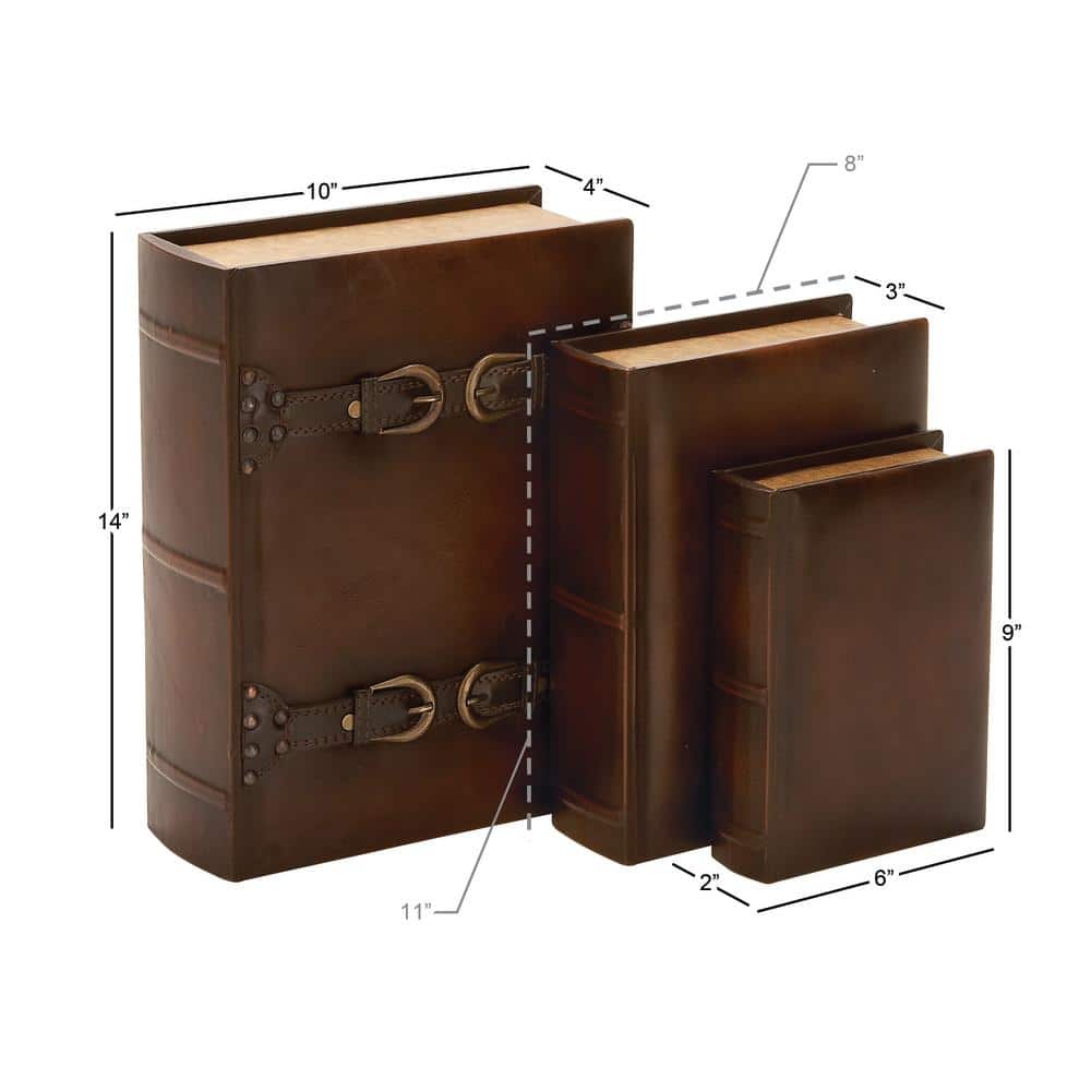 Dark Brown Faux Leather Book Shaped Decorative Storage Boxes, Set of 3