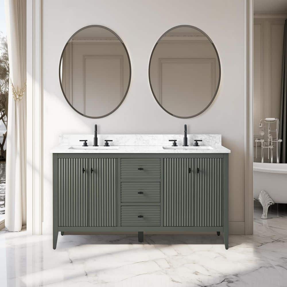 60 in. W x 22 in D x 38 in. H Double Sink Bath Vanity Cabinet in Linear Vintage Green with White Engineered Marble Top price history on PriceWatchPro