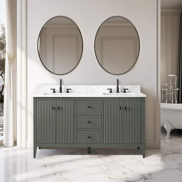 Vanity Art 60 in. W x 22 in D x 38 in. H Double Sink Bath Vanity Cabinet in Linear Vintage Green with White Engineered Marble Top