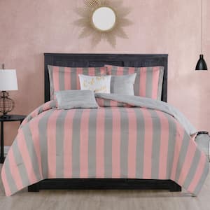 Grey/Pink Juicy Cabana Stripe King Microfiber Comforter Set