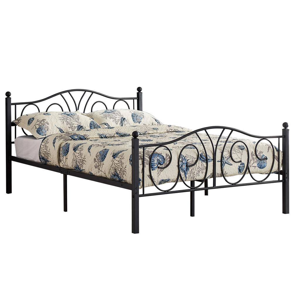 Victorian Black Metal Queen Platform Bed Frame with Headboard and Footboard