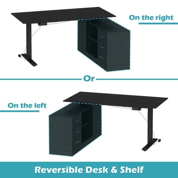 63 in. Width L-Shape Black Wooden 3-Drawer Computer Desk with Adjustable Height, Open Shelves & A Door Storage Cabinet