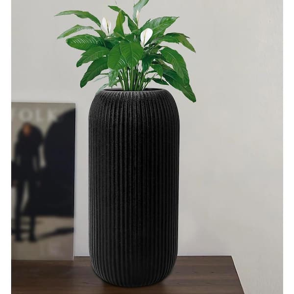 Unbranded 8 in. Cylinder Flower Vase Modern Black Ceramic Vase Home Decor, Ribbed Textured Vase for Pampas Grass Decorative Vase