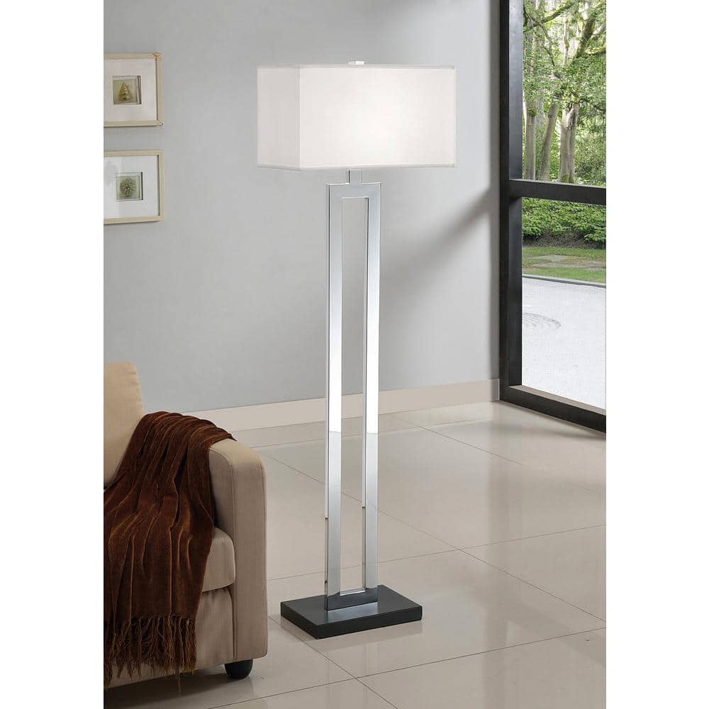 Geometric 60-Inch Chrome and Black Floor Lamp with White Shade
