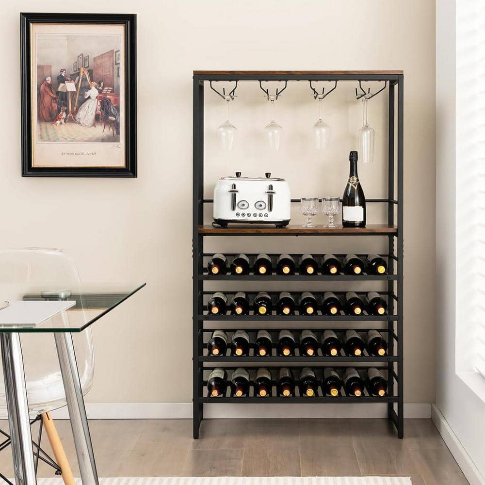Freestanding 32-Bottle Brown Freestanding Wine Rack with 4-Tier Wine Storag