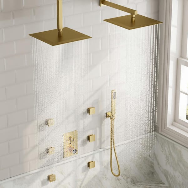 15-Spray Dual Showerheads Wall Mount 12 in. Fixed and Handheld Shower Head 2.5 GPM in Brushed Gold Valve Included