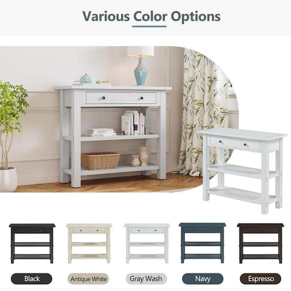 Polibi 36 in. Antique White Rectangle Wood Console Table with Drawer and 2-Sturdy Shelves for Entryway, Living Room