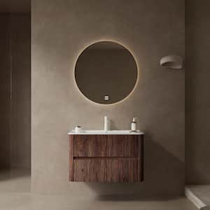 30 in. Floating Walnut Bath Vanity with White Ceramic Top and White Ceramic Basin, Sink Hole Cover and Drain