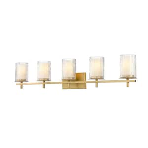 Grayson 40 in. 5-Light Modern Gold Vanity Light with Clear Etched Opal Glass Shade No Bulbs Included