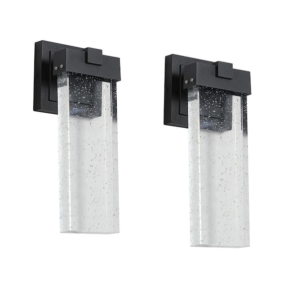 12 in. Black Modern Outdoor LED Wall Lantern Sconce with Crystal Bubble Shade, For Patios and Entryways (2-Pack)
