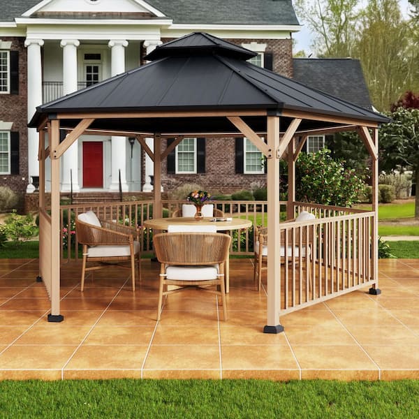 15 ft. x 15 ft. Hexagon Outdoor Wood Frame Hardtop Gazebo with Galvanized Steel Roof, Solar LED Light and Fence