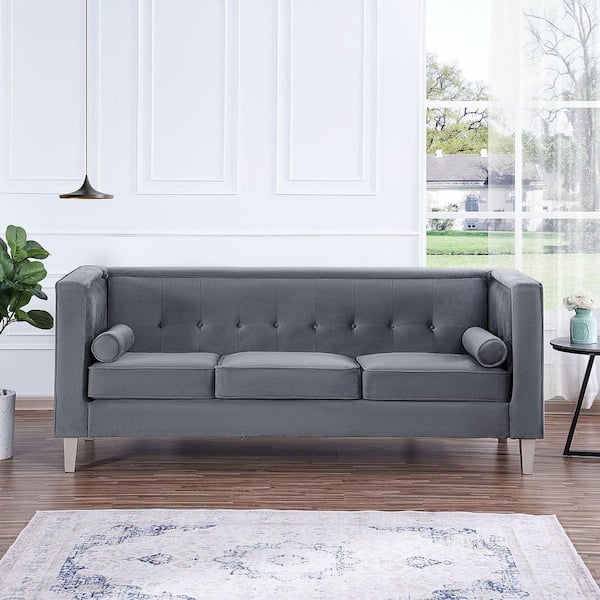 MAYKOOSH 83.5 in Wide Square Arm Velvet Rectangle Sofa in. Gray