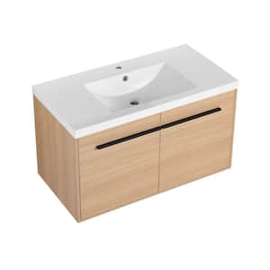 Lesta 35 in. W x 18 in. D x 20 in. H Single Sink Wall Mounted Soft Closing Bath Vanity in White Oak with White Resin Top