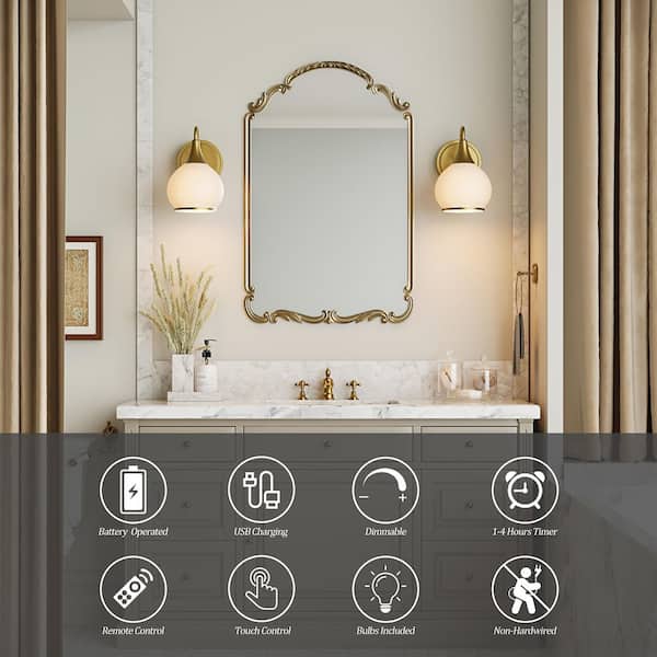 Modern 6.3 in. Brushed Gold Rechargeable Battery Operated Wall Sconce (Set of 2) Globe Glass Bathroom Vanity Light