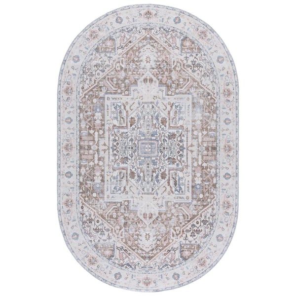 Arizona 5 ft. x 8 ft. Taupe/Beige Machine Washable Traditional Border Oval Area Rug