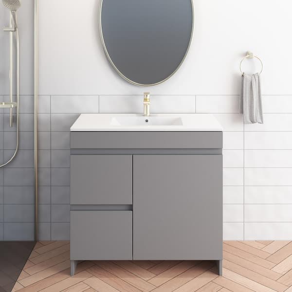 VOLPA USA AMERICAN CRAFTED VANITIES Mace 36 in. W x 18 in. D x 34 in. H Bath Vanity in Grey with White Ceramic Top and Left-Side Drawers