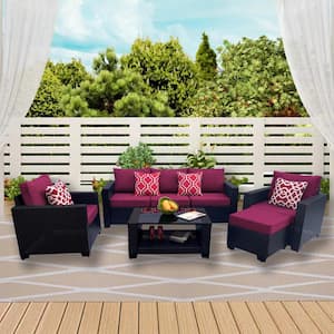 7-Piece Black Wicker Outdoor Patio Conversation Sectional with Red Cushions, Coffee Table and Ottoman