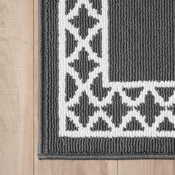 Washable Skid Resistant Dark Grey/White  2.2 ft. x 5 ft. All Loop Tufted Area Rug