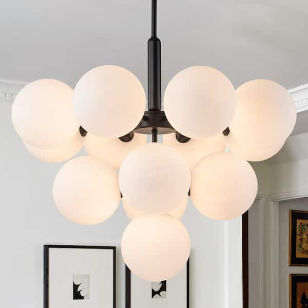 Tanvy 24 in. W 13-Light Black Modern Sputnik Atomic 3-Tiered Cluster Globe Bubble Chandelier with Opal Glass