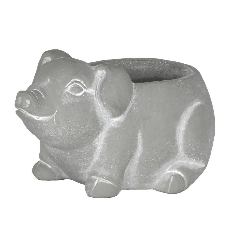Small Gray Cement Piglet Indoor/Outdoor Planter with Drainage Hole