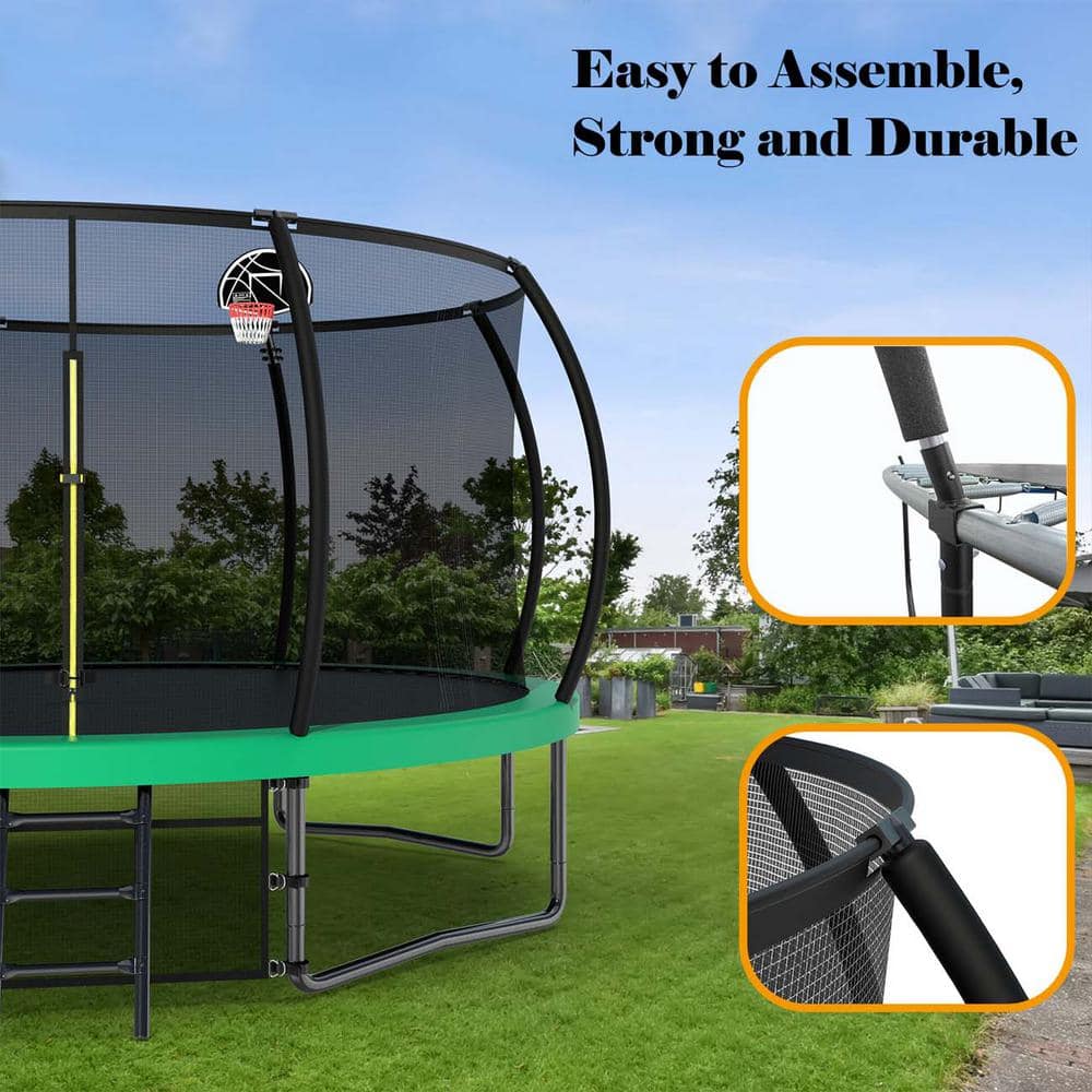 12FT Black Round Kids' Trampoline with Safety Enclosure and Ladder
