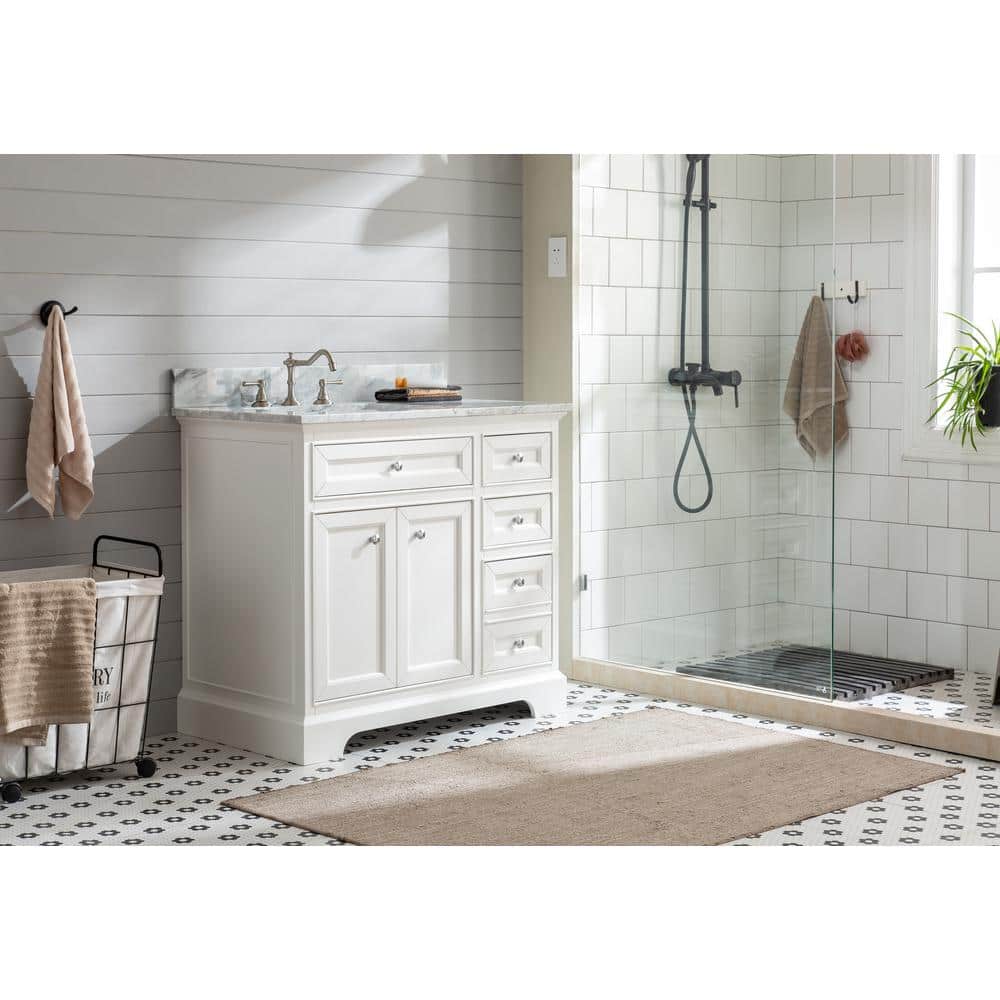 South Bay 37" White Solid Wood Bathroom Vanity with Marble Top
