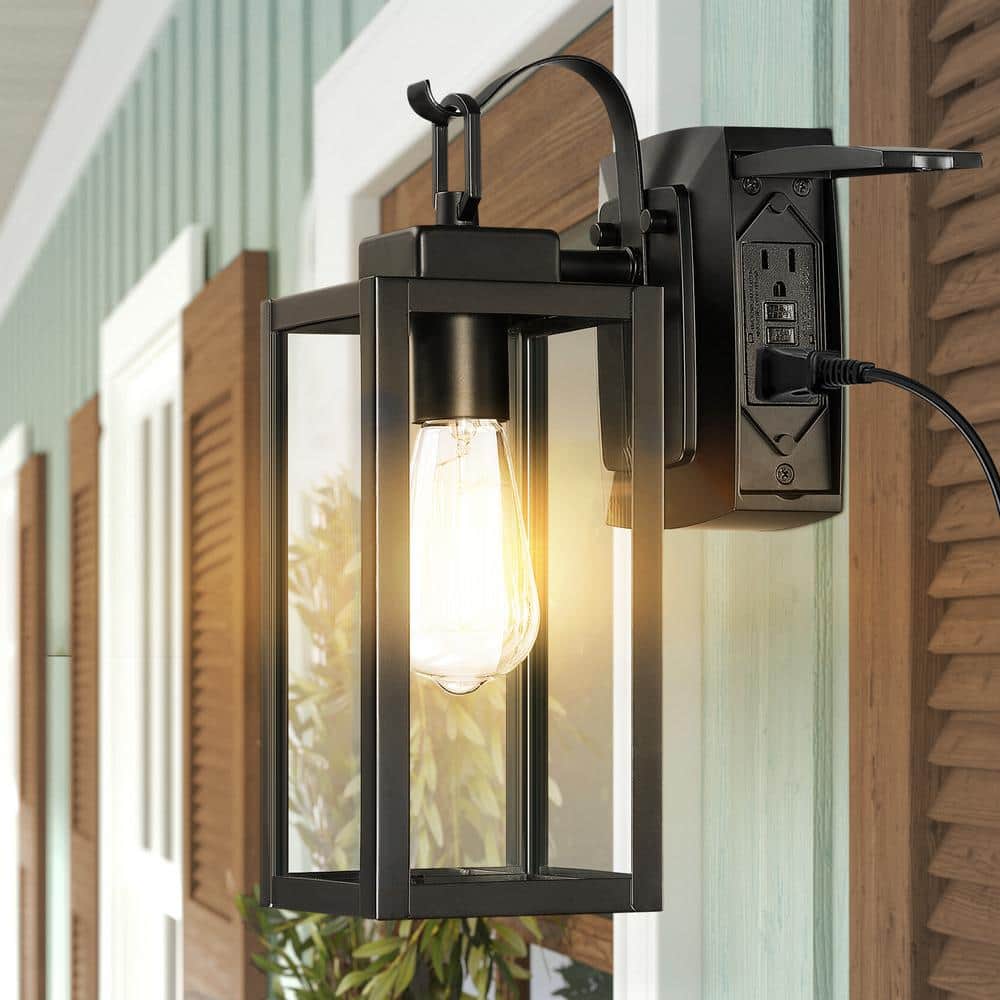 Matte Black Outdoor Lantern Sconce with Clear Glass and GFCI Outlets