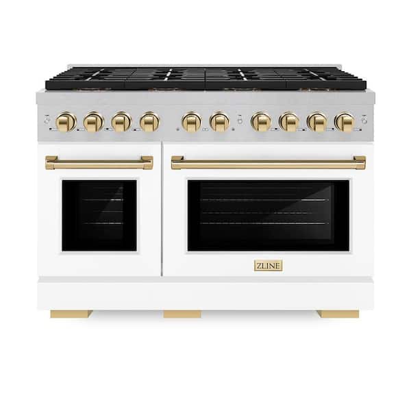 Autograph 48 in. 6.7 cu. ft. Paramount Dual Fuel Range with 8-Burner Cooktop and Dual Ovens in Satin with White and Gold