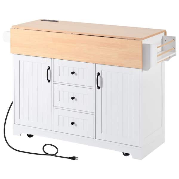 Tileon White Wood 55.7 in. Kitchen Island with 2-Drop Leaf, Rolling Dining Table with Power Outlet, 3-Drawers and Towel Rack