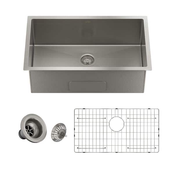 30 in. Undermount Single Bowl 16-Gauge Brushed Stainless Steel Kitchen Sink with Bottom Grids and Drain