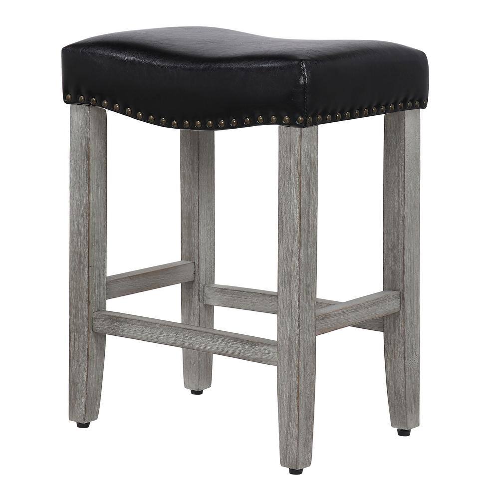 Antique Gray-Black Leather Saddle Seat 24" Bar Stool