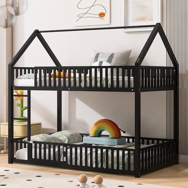 Black Metal Twin Over Twin Bunk Bed with Fence and Door