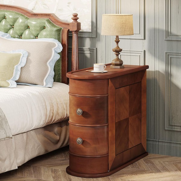 BYBLIGHT Kerlin 23.6 in. Walnut Rectangular Wood End Table 2-Drawer Narrow Side Table, No Assembly Required, Finished Back