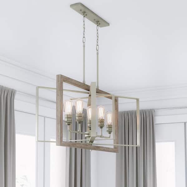 Home Decorators Collection Palermo Grove 32 in. 5-Light Antique Nickel Farmhouse Linear Chandelier with Painted Weathered Gray Wood Accents