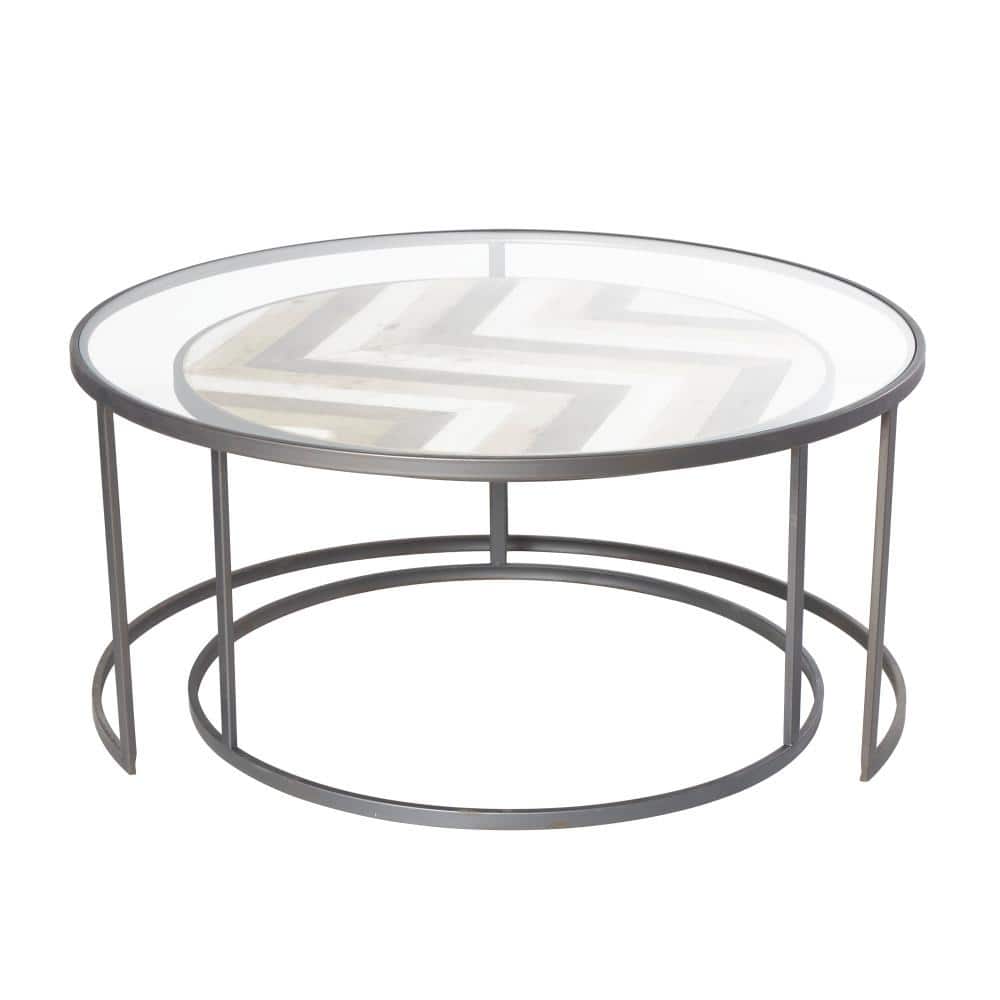 Gray and Brown Round Wood and Glass Nesting Coffee Tables