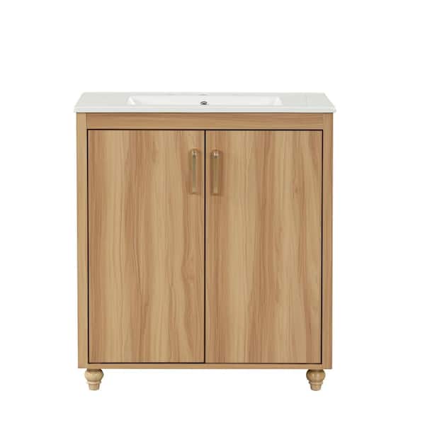 30 in. W x 18 in. D x 34 in. H Single Sink Freestanding Bath Vanity in Natural with White Ceramic Top and Drawers
