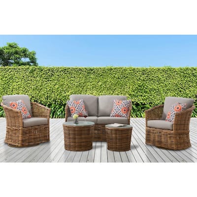 Lexi 5-Piece Wicker Patio Conversation Deep Seating Set with Gray Cushions