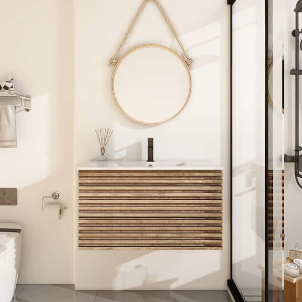 36 in. W x 18.3 in. D x 19.7 in. H Floating 1-Sink Bath Vanity in Oak with White Ceramic Top and Drain Faucet Set