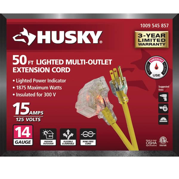 Husky 50 ft. 14/3 Medium Duty Indoor/Outdoor Extension Cord with Multiple  Outlet Triple Tap Lighted End, Yellow SJTW143050TRIPL - The Home Depot