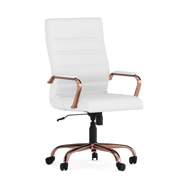 Flash Furniture Whitney High Back Faux Leather Swivel Ergonomic Office Chair in White/Rose Gold Frame with Arms
