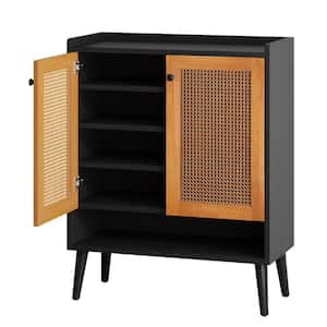 39 in. H x 31.5 in. W Black Brown Rattan Shoe Storage Cabinet with Doors and Shelf