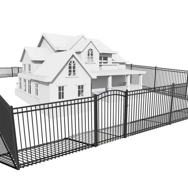 Fencer Wire 5 ft. x 6 ft. Heavy-Duty Spaced Bar Flat Top Metal Fence Panel with Arched Fence Gate(Set of 52 ft. )