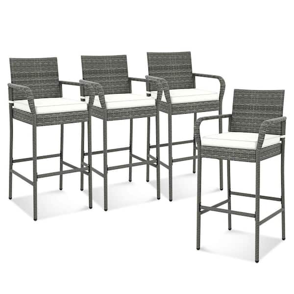 Costway Metal Plastic Wicker Outdoor Bar Stool with Off White Cushion (4-Pack)