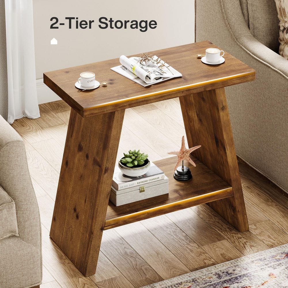 Kerlin 24 in. Brown Rectangle Solid Wood End Table with 2-Tier Storage, Narrow Side Table Nightstand for Small Places - thumbnail 10