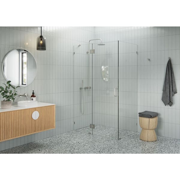 Glass Warehouse 51 in. W x 34 in. D x 78 in. H Pivot Frameless Corner Shower Enclosure in Brushed Nickel Finish with Clear Glass