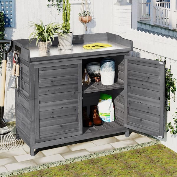 39 in. Grey Potting Bench Table Wood Workstation Storage Cabinet Garden Shed with 2-Tier Shelves and Side Hook