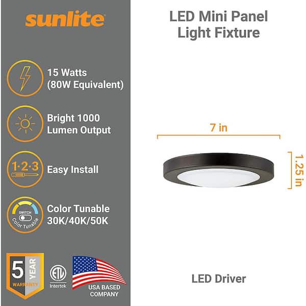 Sunlite 7 in. Bronze Dimmable Selectable LED Mini Flat Round Flush Mount Light, CCT Color Tunable 3000K 4000K 5000K HD03133-1 - The Home Depot