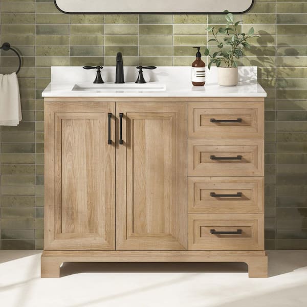 Sinita 42 in. Single Sink Freestanding Weathered Tan Bath Vanity with White Engineered Stone Top (Assembled)